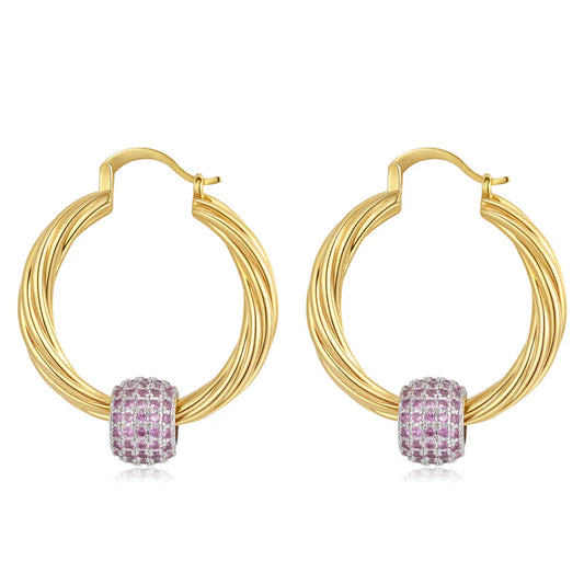 Hoop Earrings with Pink CZ Ball